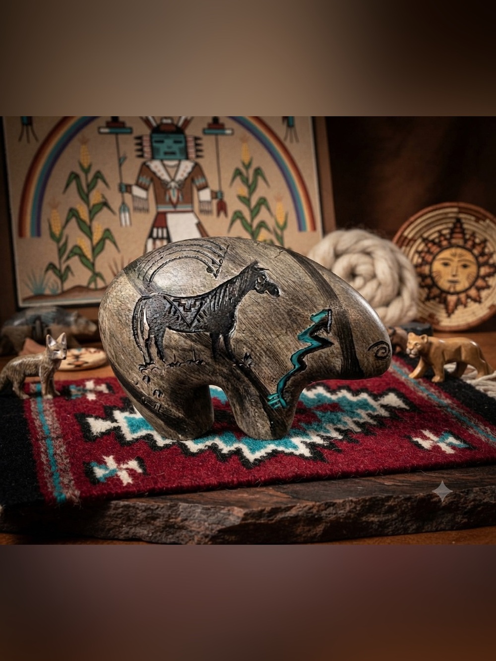 Handcarved Navajo horsehair pottery Black Stone Bear Sculpture w/ Turquoise